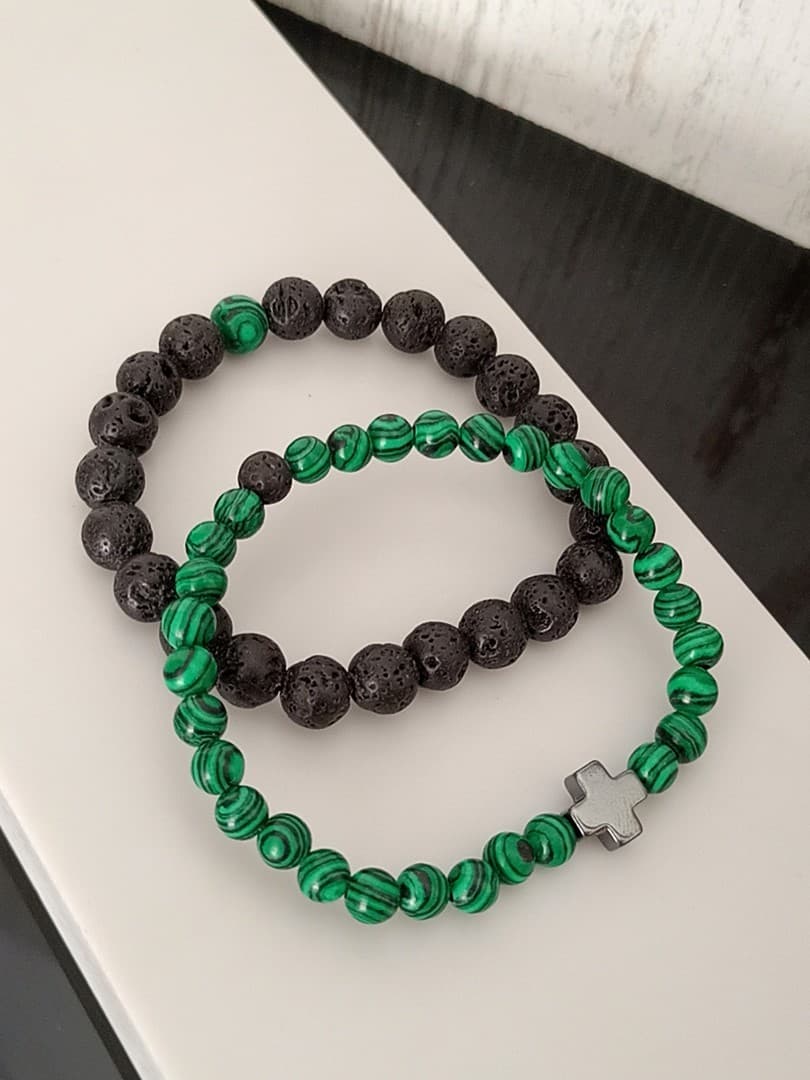 DARK GREEN BLACK BEAD CROSS DOUBLE LINE BRACELET - 5