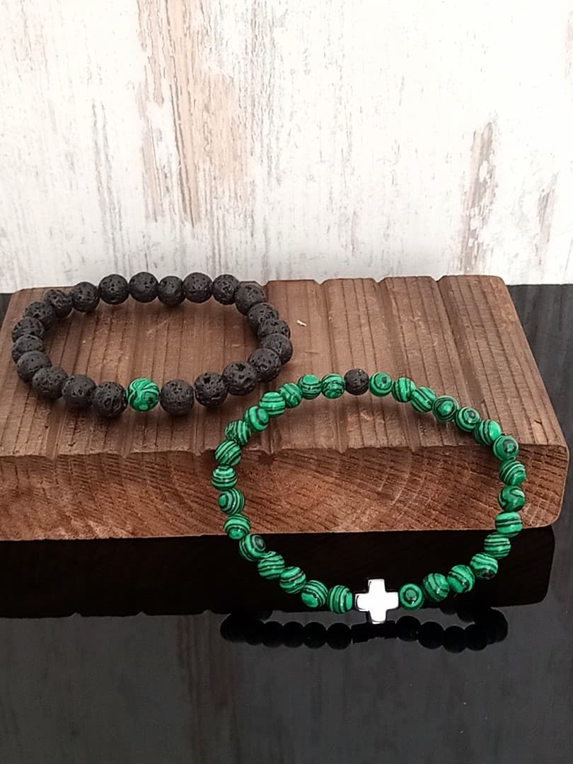 DARK GREEN BLACK BEAD CROSS DOUBLE LINE BRACELET - 2