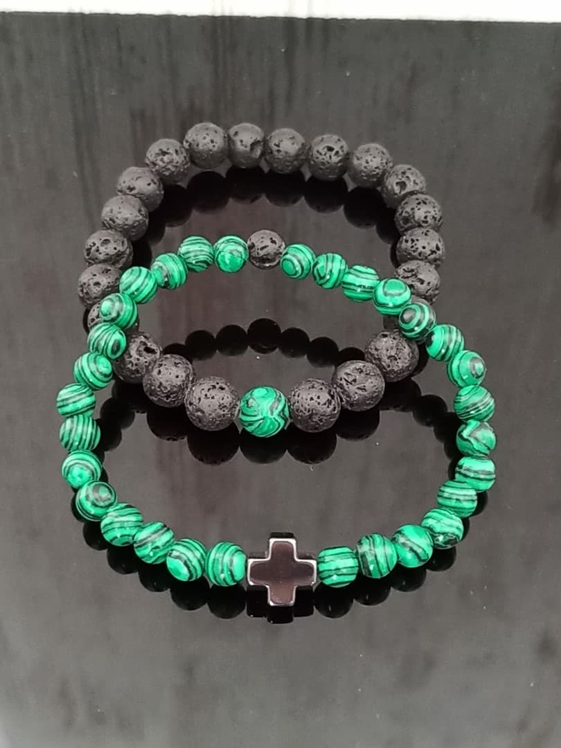 DARK GREEN BLACK BEAD CROSS DOUBLE LINE BRACELET - 1