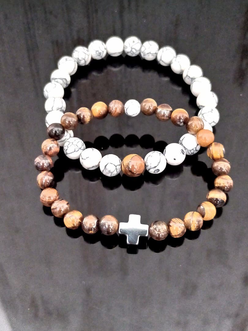 CAMEL OFF WHITE BEAD CROSS DOUBLE LINE BRACELET - 1