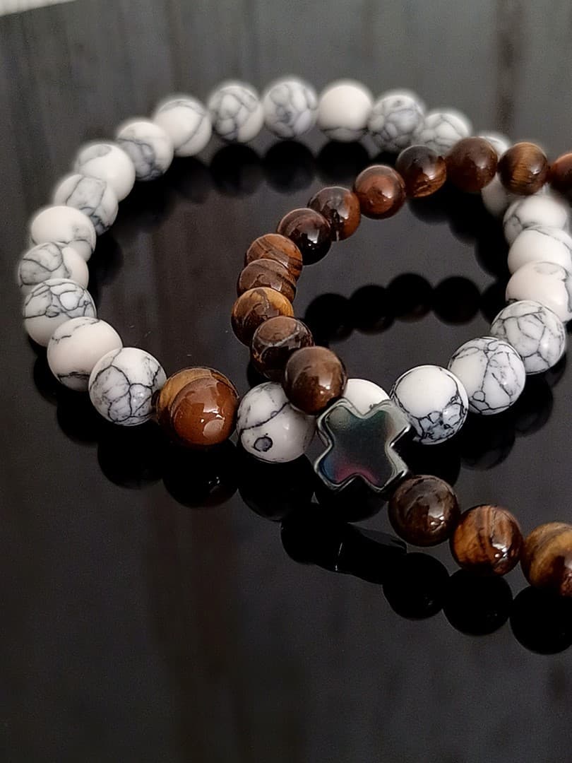 CAMEL OFF WHITE BEAD CROSS DOUBLE LINE BRACELET - 4