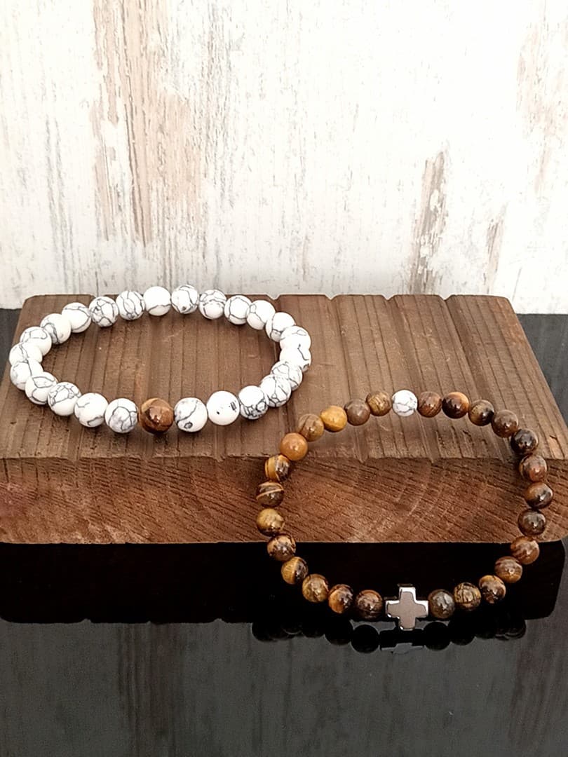CAMEL OFF WHITE BEAD CROSS DOUBLE LINE BRACELET - 2