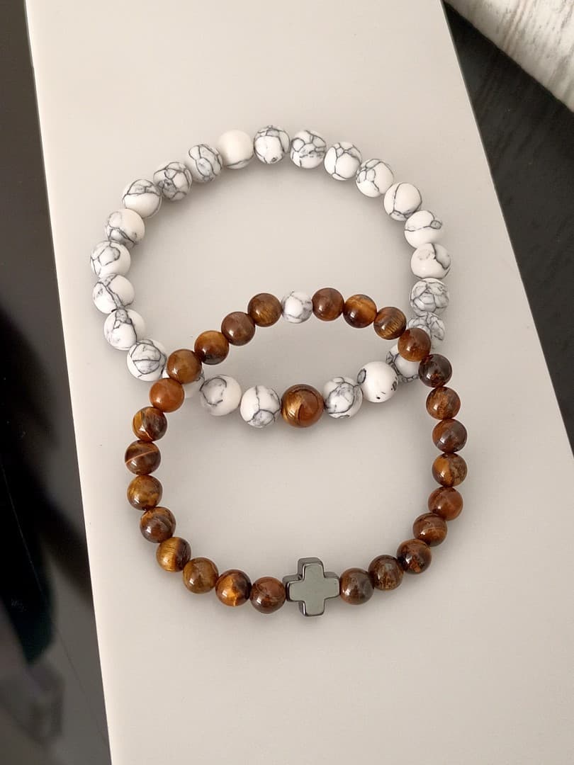 CAMEL OFF WHITE BEAD CROSS DOUBLE LINE BRACELET - 5