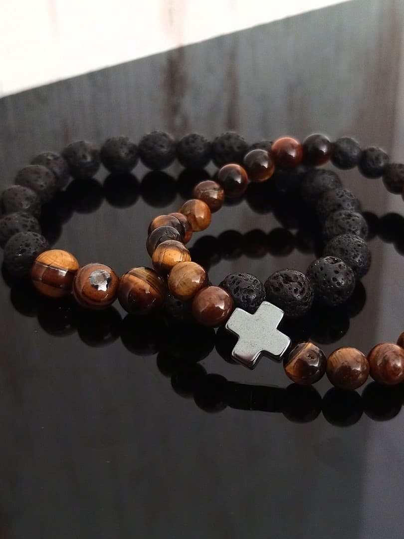 CAMEL BLACK BEAD CROSS DOUBLE LINE BRACELET - 5