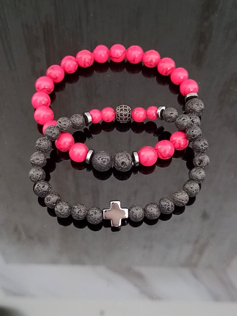 RED BLACK BEAD CROSS DOUBLE LINE BRACELET - 1