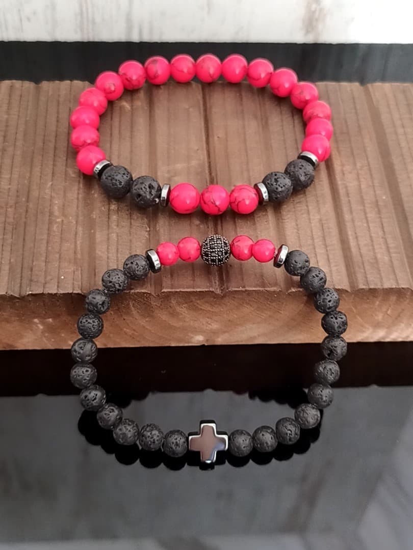RED BLACK BEAD CROSS DOUBLE LINE BRACELET - 2