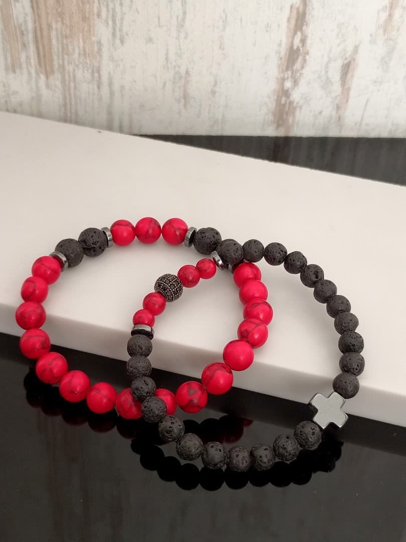 RED BLACK BEAD CROSS DOUBLE LINE BRACELET - 4