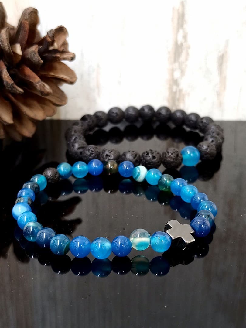 BLUE BLACK BEAD CROSS DOUBLE LINE BRACELET - 4