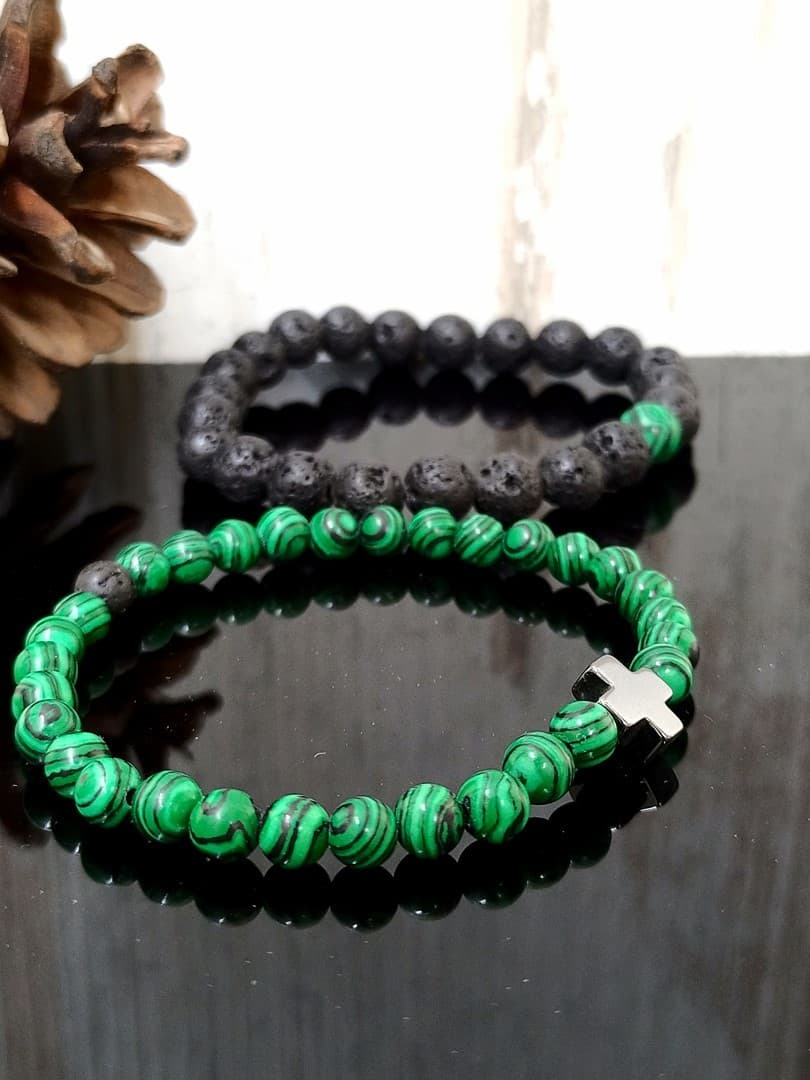 DARK GREEN BLACK BEAD CROSS DOUBLE LINE BRACELET - 3