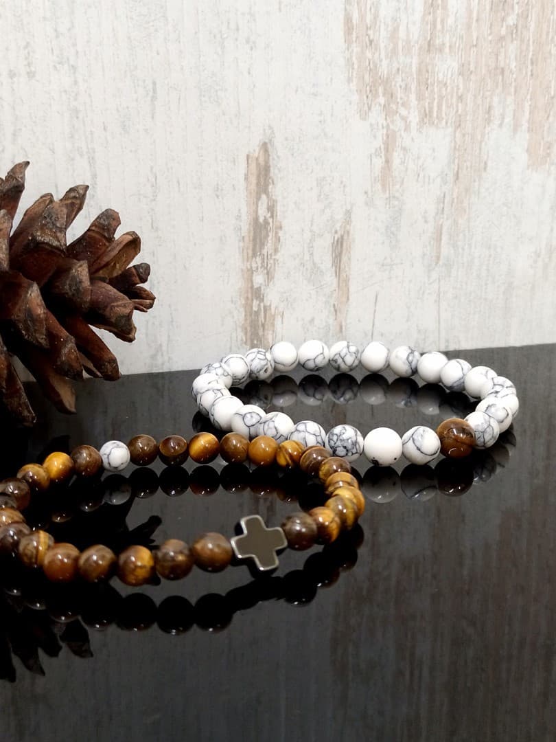 CAMEL OFF WHITE BEAD CROSS DOUBLE LINE BRACELET - 3