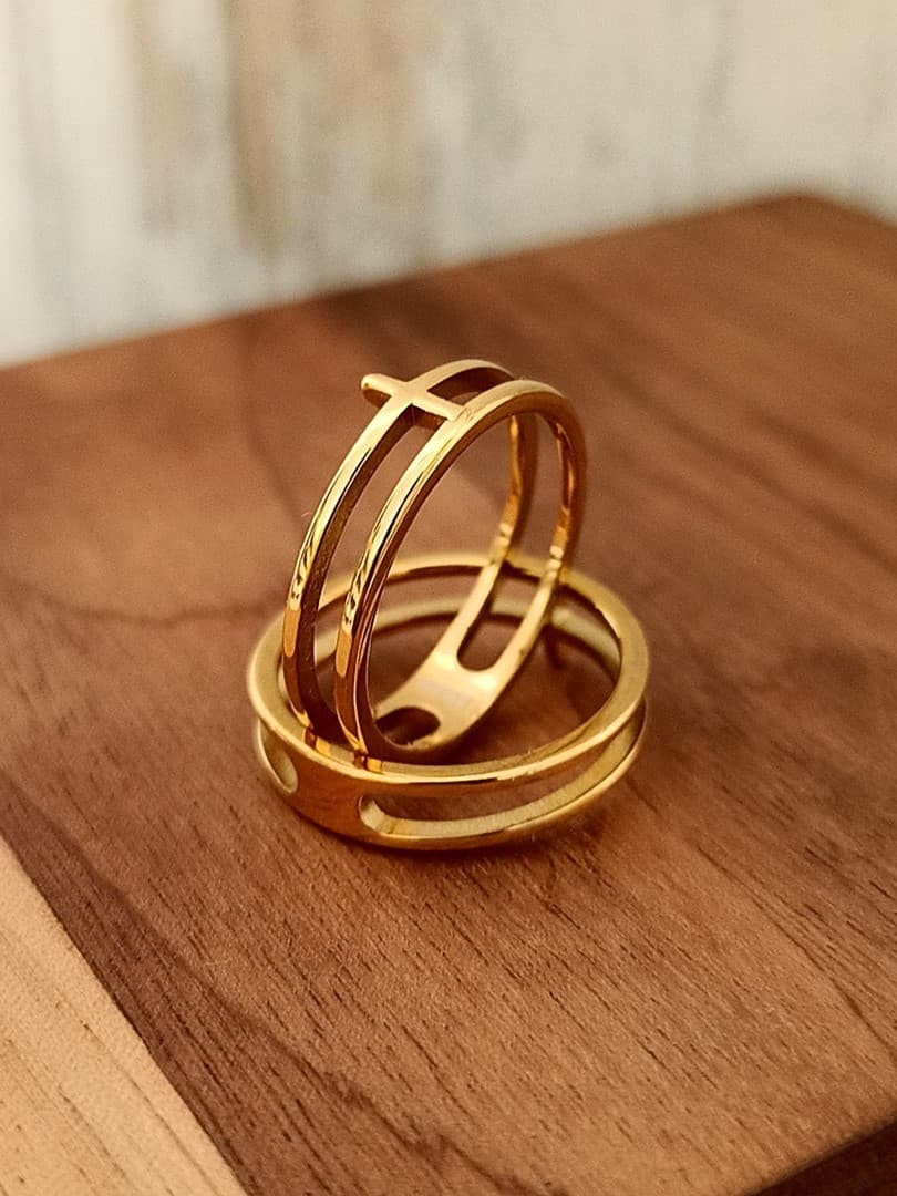 DOUBLE LINE CROSS RING GOLD PLATED - 5