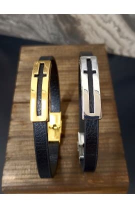 CROSS FISH BLACK LEATHER BRACELET GOLD PLATED thumbnail 11