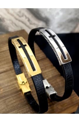 CROSS FISH BLACK LEATHER BRACELET GOLD PLATED thumbnail 10