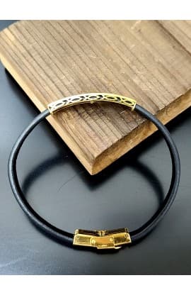 CROSS FISH BLACK LEATHER BRACELET GOLD PLATED thumbnail 2
