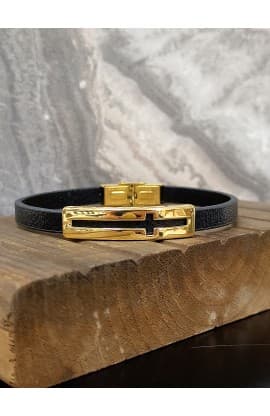 CROSS FISH BLACK LEATHER BRACELET GOLD PLATED thumbnail 3