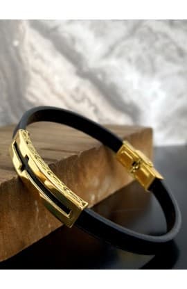 CROSS FISH BLACK LEATHER BRACELET GOLD PLATED thumbnail 4