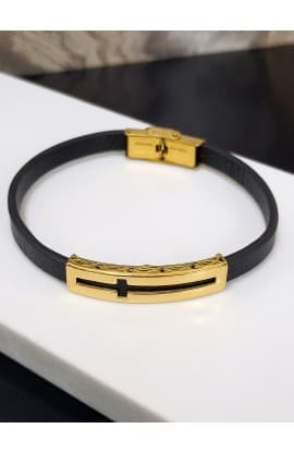CROSS FISH BLACK LEATHER BRACELET GOLD PLATED thumbnail 1
