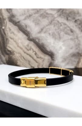 CROSS FISH BLACK LEATHER BRACELET GOLD PLATED thumbnail 5