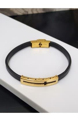 CROSS FISH BLACK LEATHER BRACELET GOLD PLATED thumbnail 6