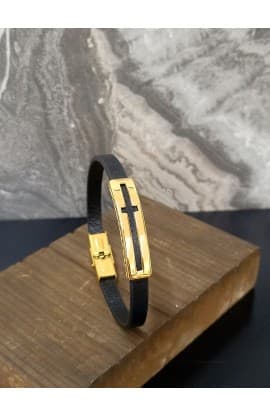 CROSS FISH BLACK LEATHER BRACELET GOLD PLATED thumbnail 7