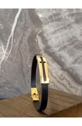 CROSS FISH BLACK LEATHER BRACELET GOLD PLATED thumbnail 8