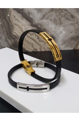 CROSS FISH BLACK LEATHER BRACELET GOLD PLATED thumbnail 13