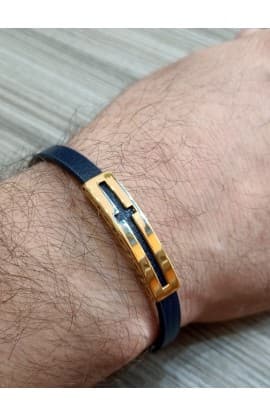 CROSS FISH BLACK LEATHER BRACELET GOLD PLATED thumbnail 9