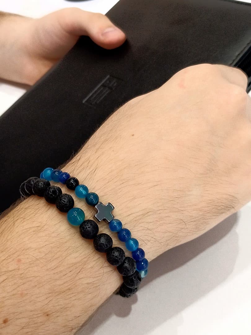 BLUE BLACK BEAD CROSS DOUBLE LINE BRACELET - 3