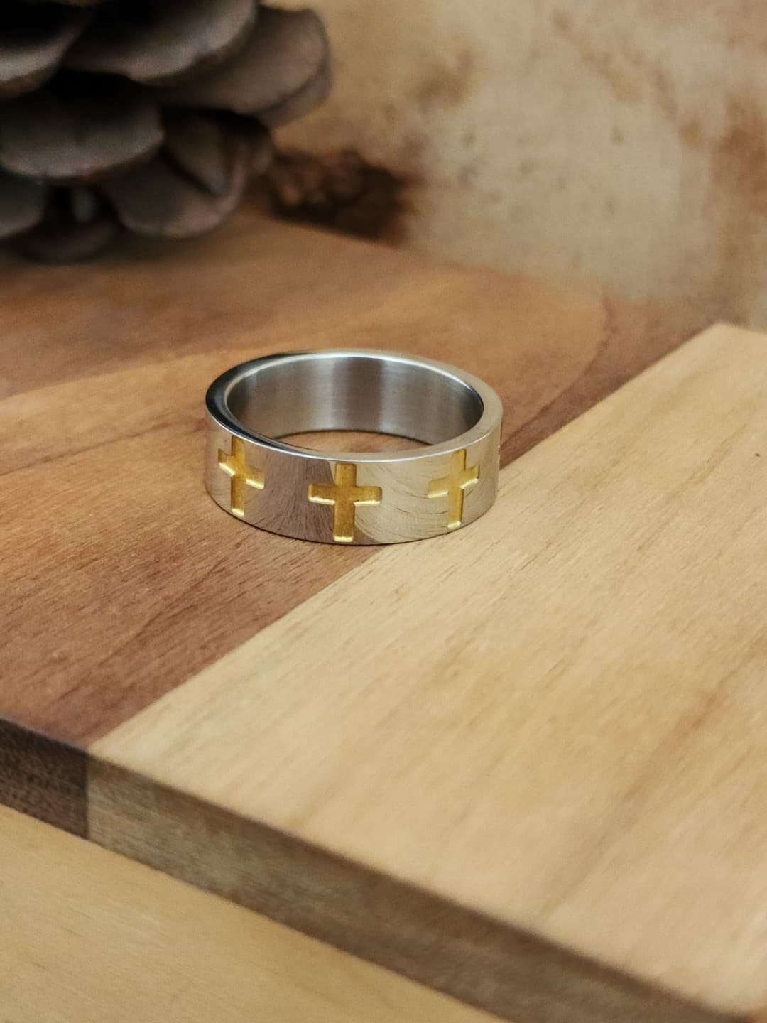 GOLD CROSS SILVER RING - 5