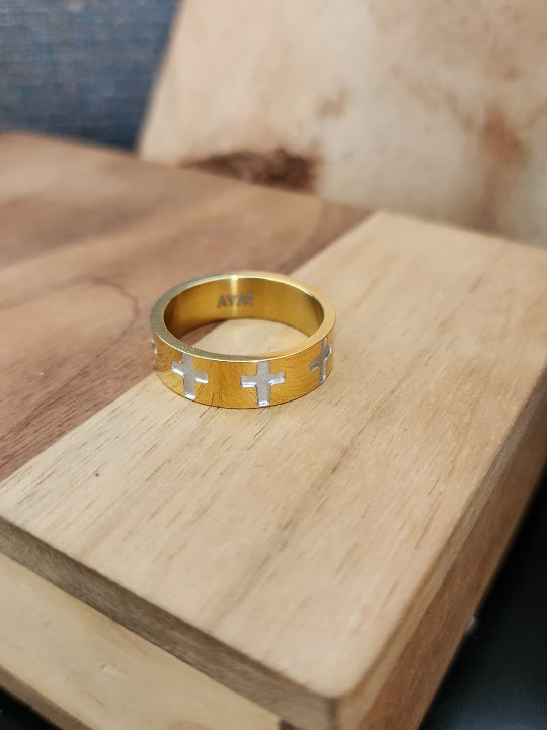 SILVER CROSS GOLD RING - 4