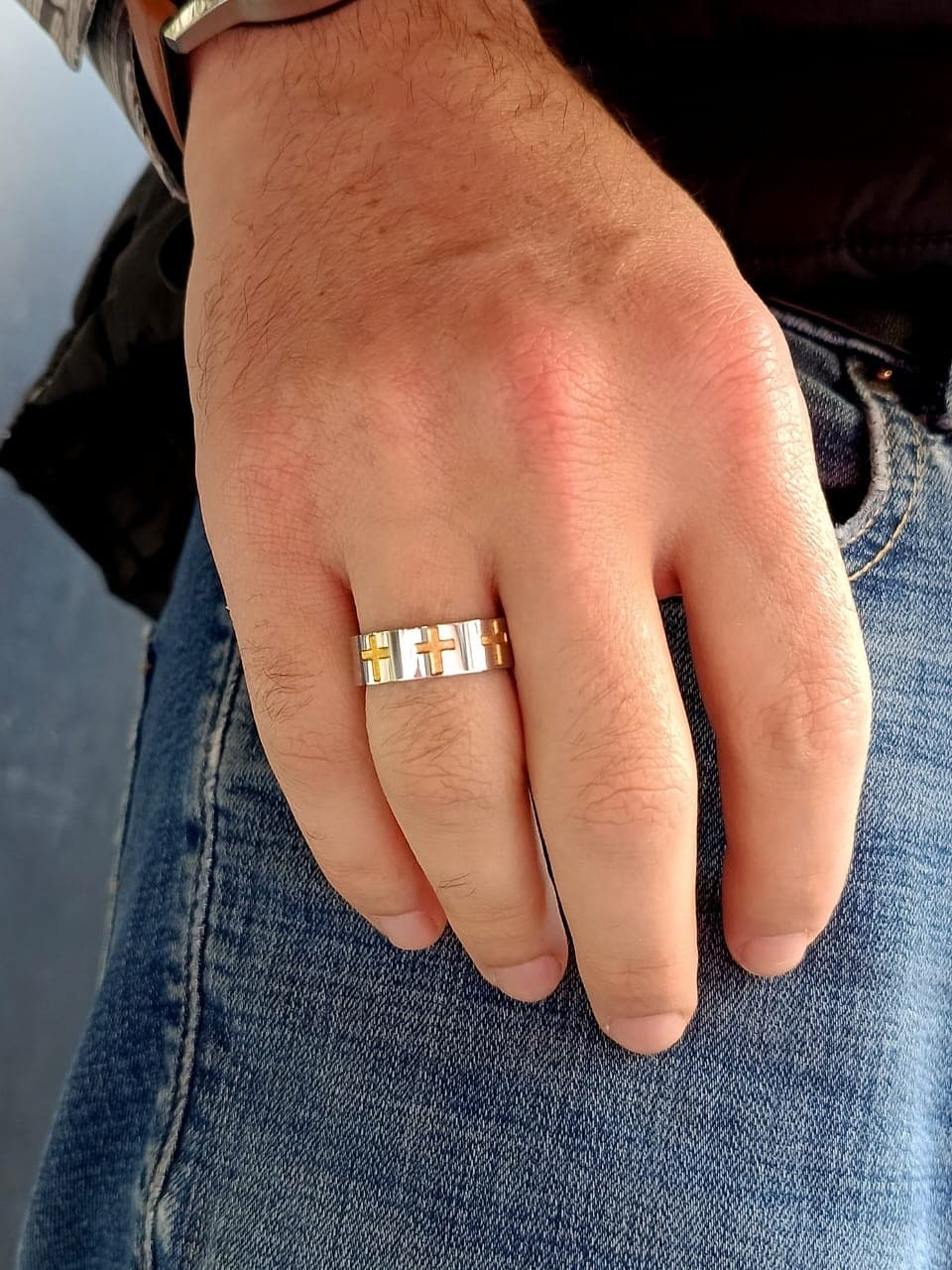 GOLD CROSS SILVER RING - 2