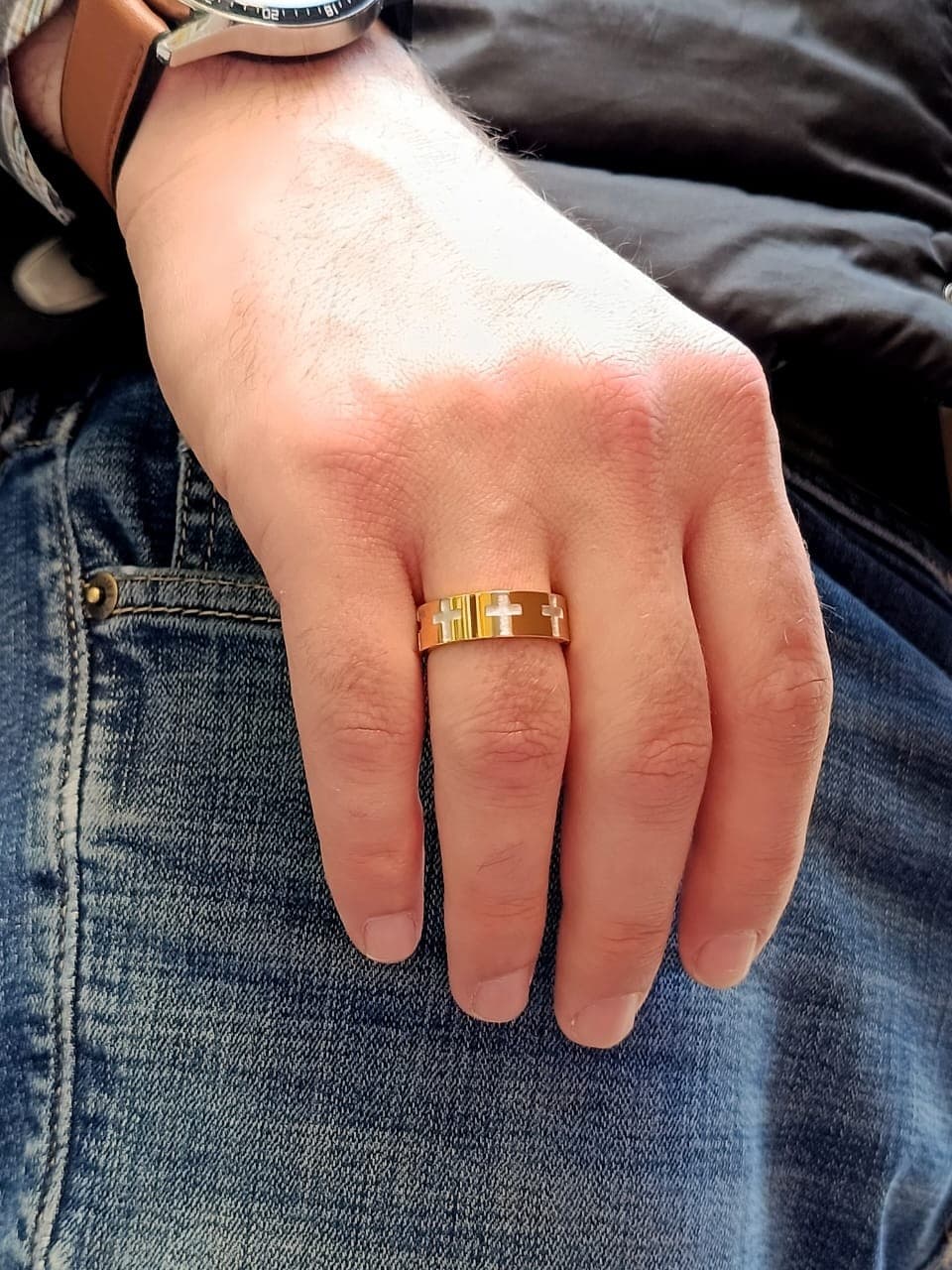 SILVER CROSS GOLD RING - 2