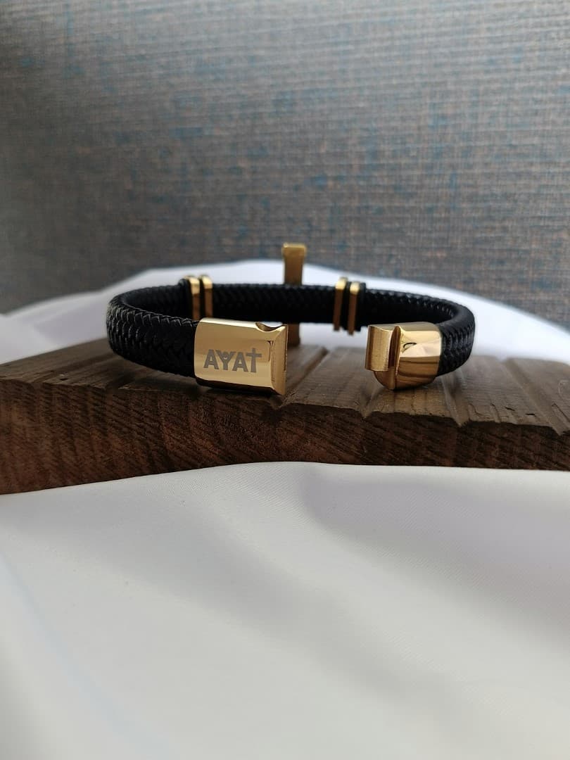 GOLD BIG CROSS SINGLE LAP BLACK LEATHER BRACELET - 3