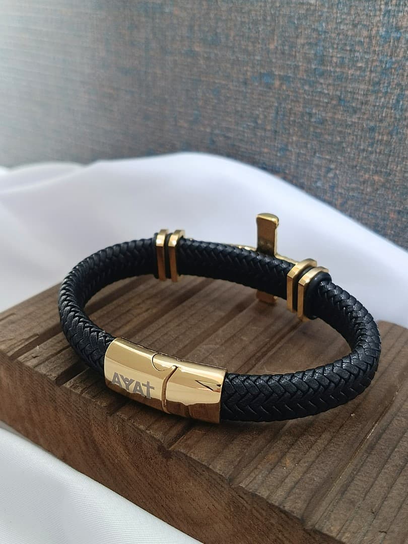 GOLD BIG CROSS SINGLE LAP BLACK LEATHER BRACELET - 4