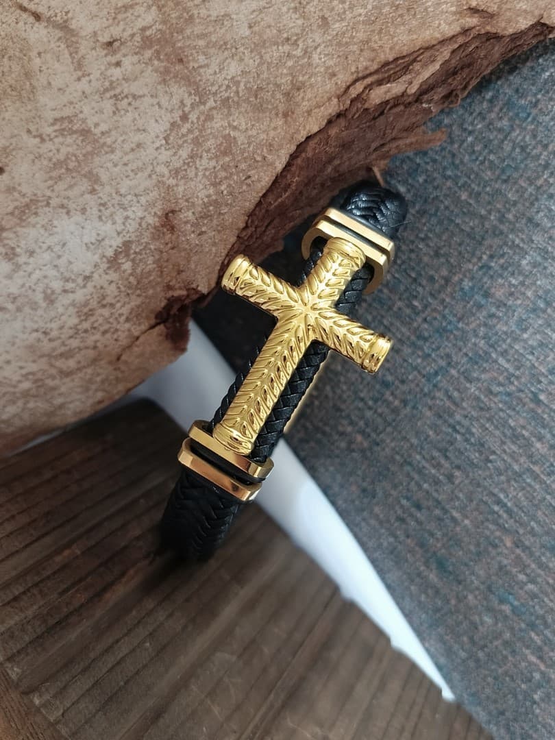 GOLD BIG CROSS SINGLE LAP BLACK LEATHER BRACELET - 5