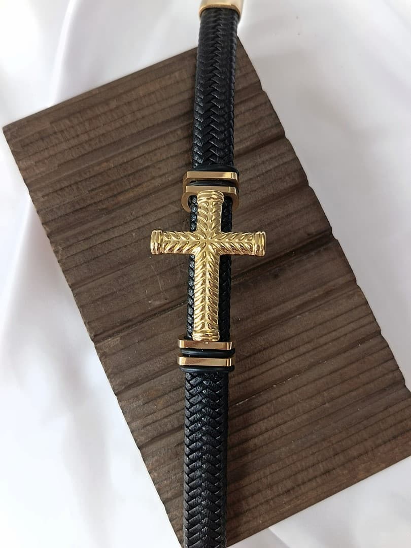 GOLD BIG CROSS SINGLE LAP BLACK LEATHER BRACELET - 1