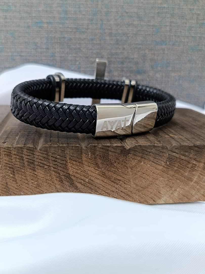 SILVER BIG CROSS SINGLE LAP BLACK LEATHER BRACELET - 3