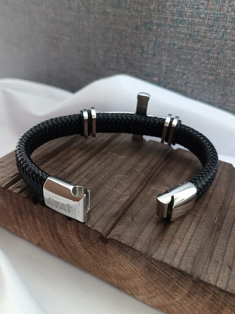 SILVER BIG CROSS SINGLE LAP BLACK LEATHER BRACELET - 4