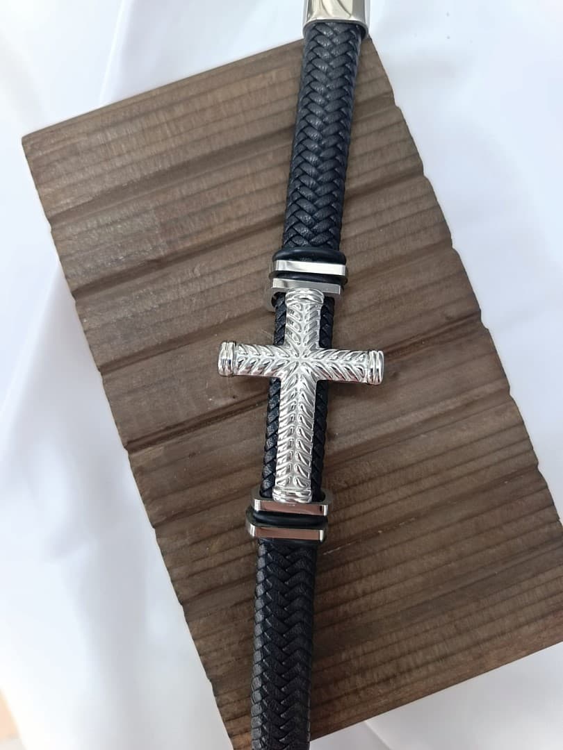 SILVER BIG CROSS SINGLE LAP BLACK LEATHER BRACELET - 1