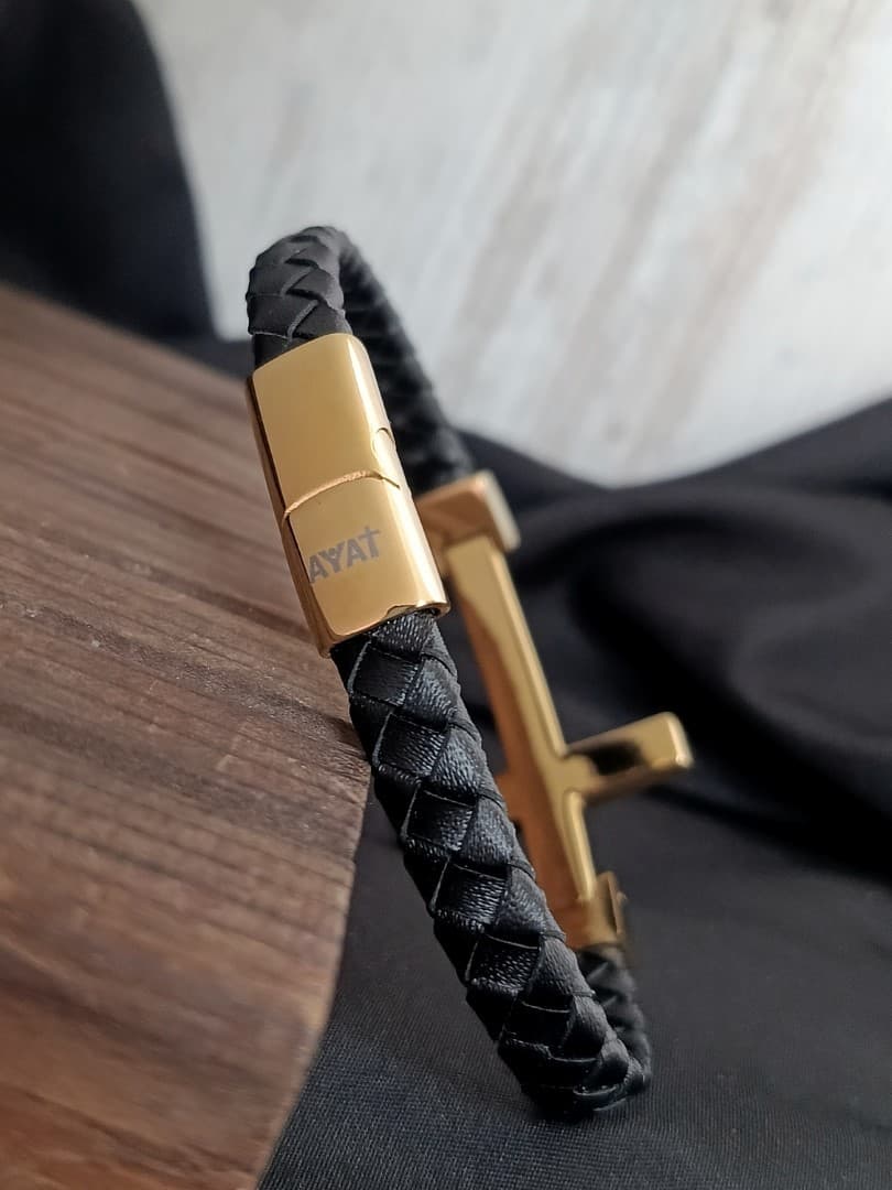 GOLD CROSS SINGLE LAP BLACK LEATHER BRACELET - 3