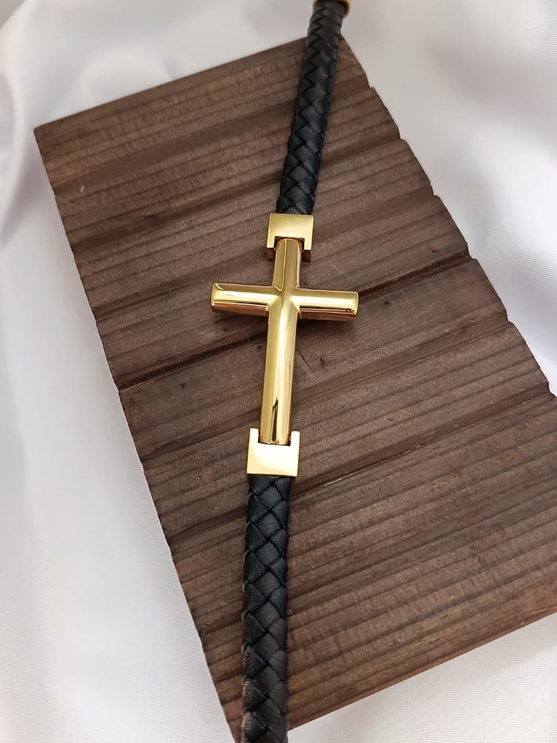 GOLD CROSS SINGLE LAP BLACK LEATHER BRACELET - 1