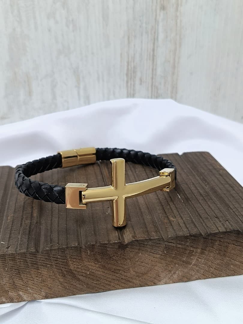 GOLD CROSS SINGLE LAP BLACK LEATHER BRACELET - 2