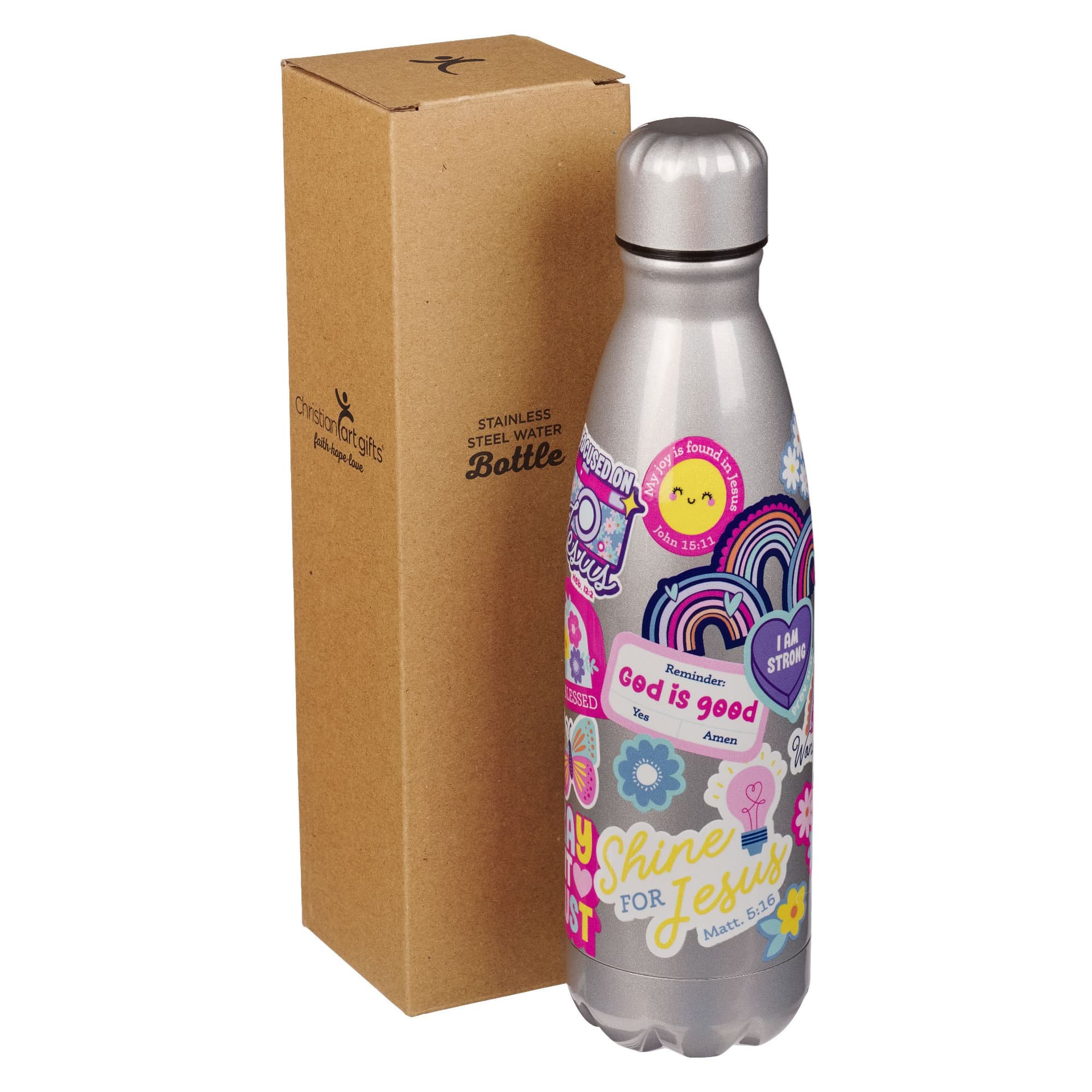 WATER BOTTLE SS SILVER SHINE FOR JESUS MATT 5:16 - 5