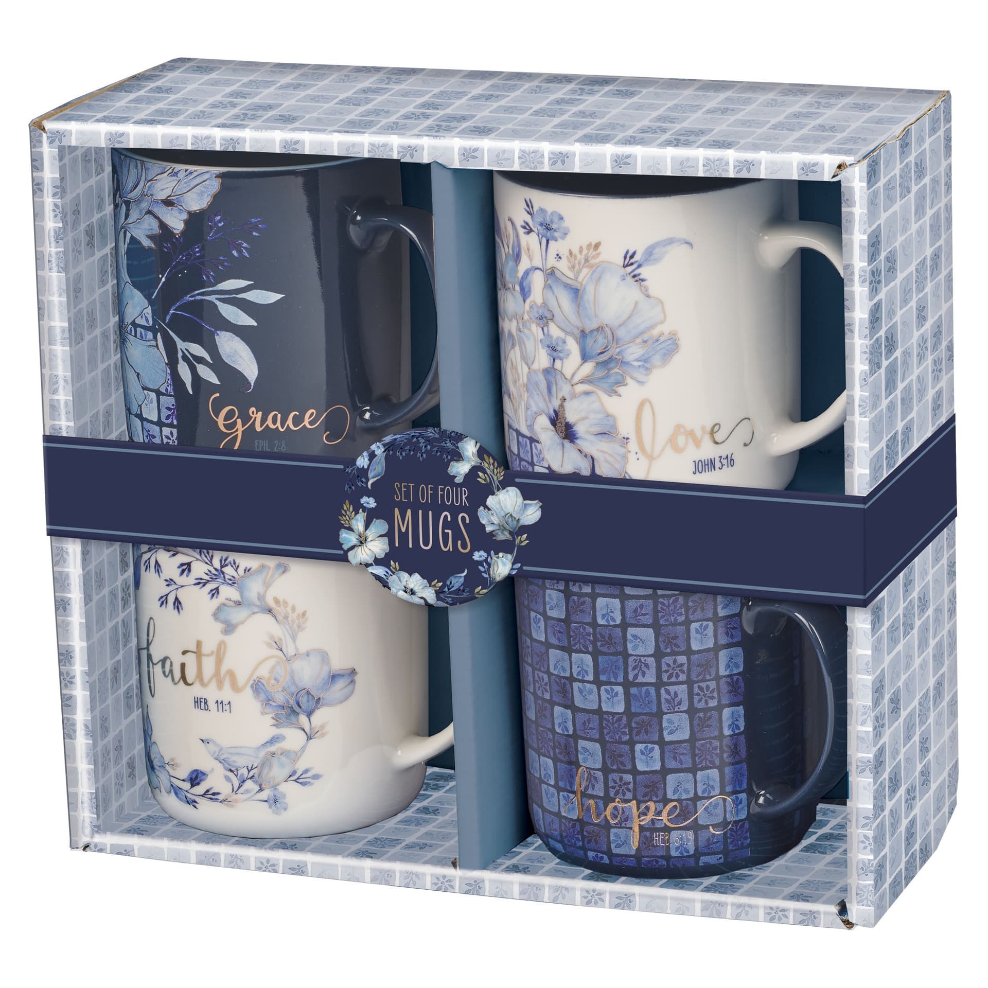 Mug Set 4pc Blue Floral Geometric - 1