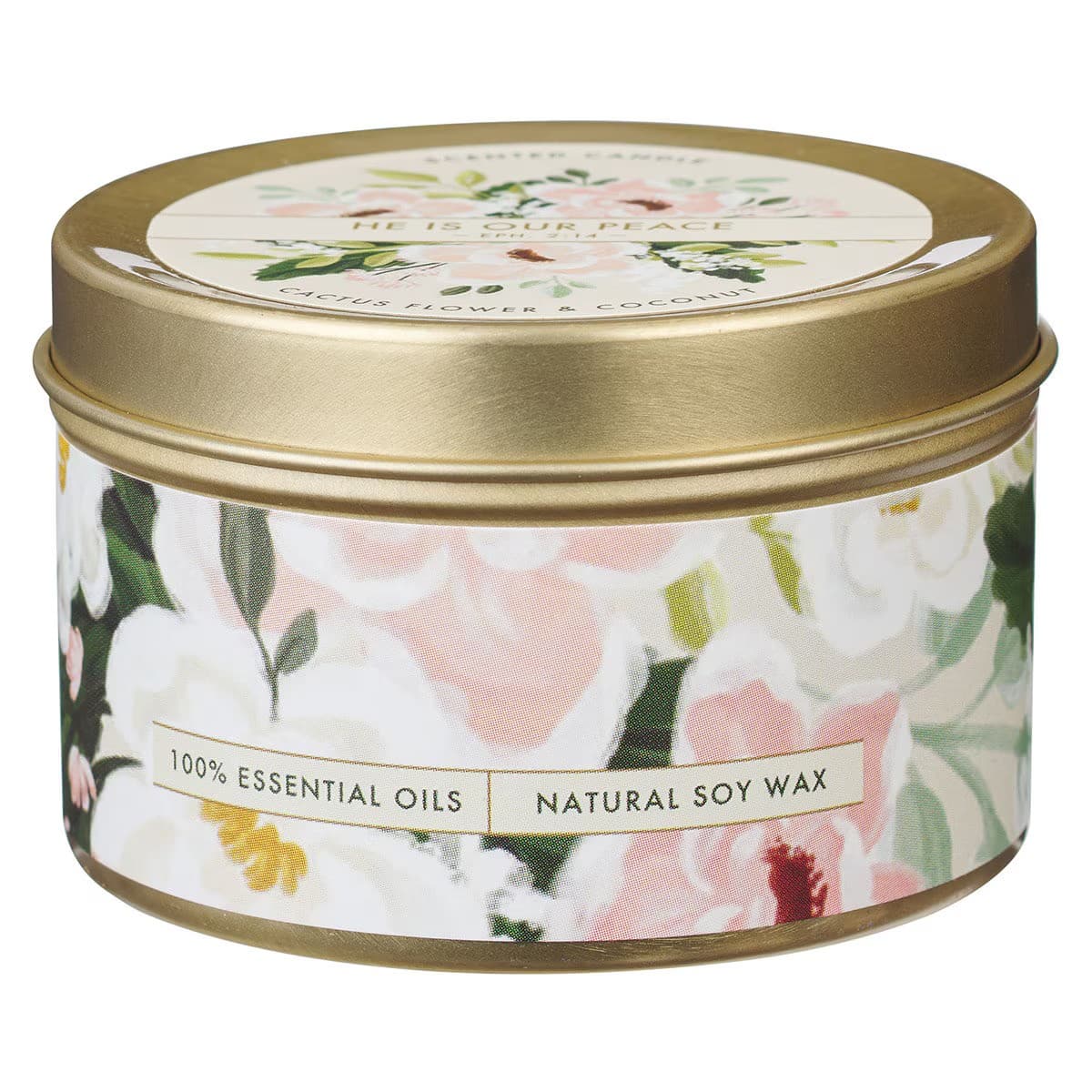He Is Our Peace Cactus Flower and Coconut Candle in a Tin - 1