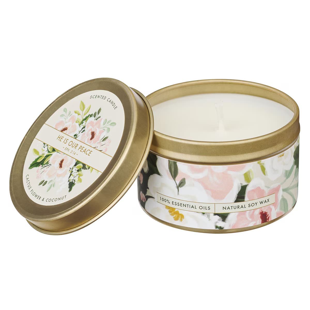 He Is Our Peace Cactus Flower and Coconut Candle in a Tin - 3