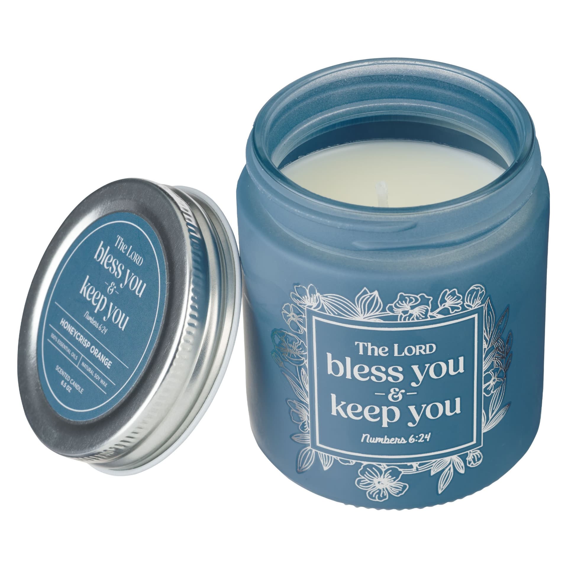 Glass Candle Screw Top Lid Blue Bless You and Keep You - 2