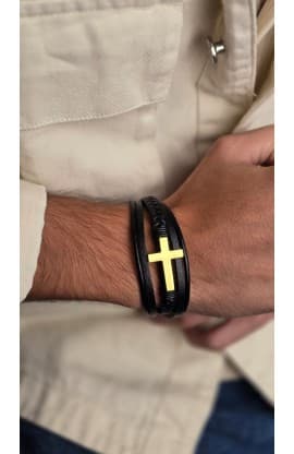 GOLD CROSS BLACK LEATHER BRACELET thumbnail 1