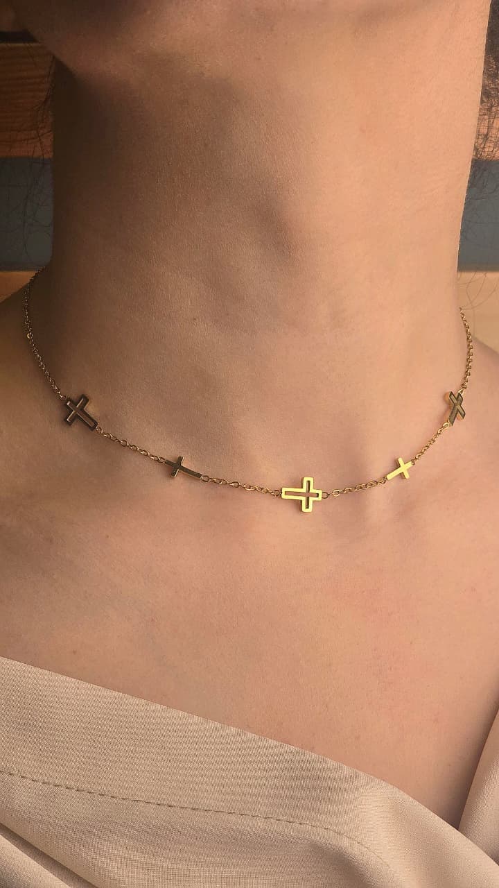 5 CROSSES GOLD PLATED NECKLACE - 1