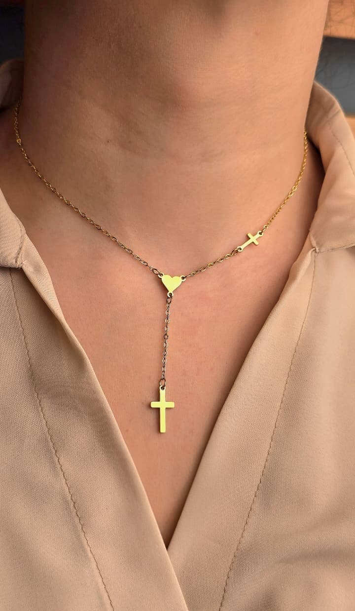 DOUBLE CROSS HEART GOLD PLATED NECKLACE